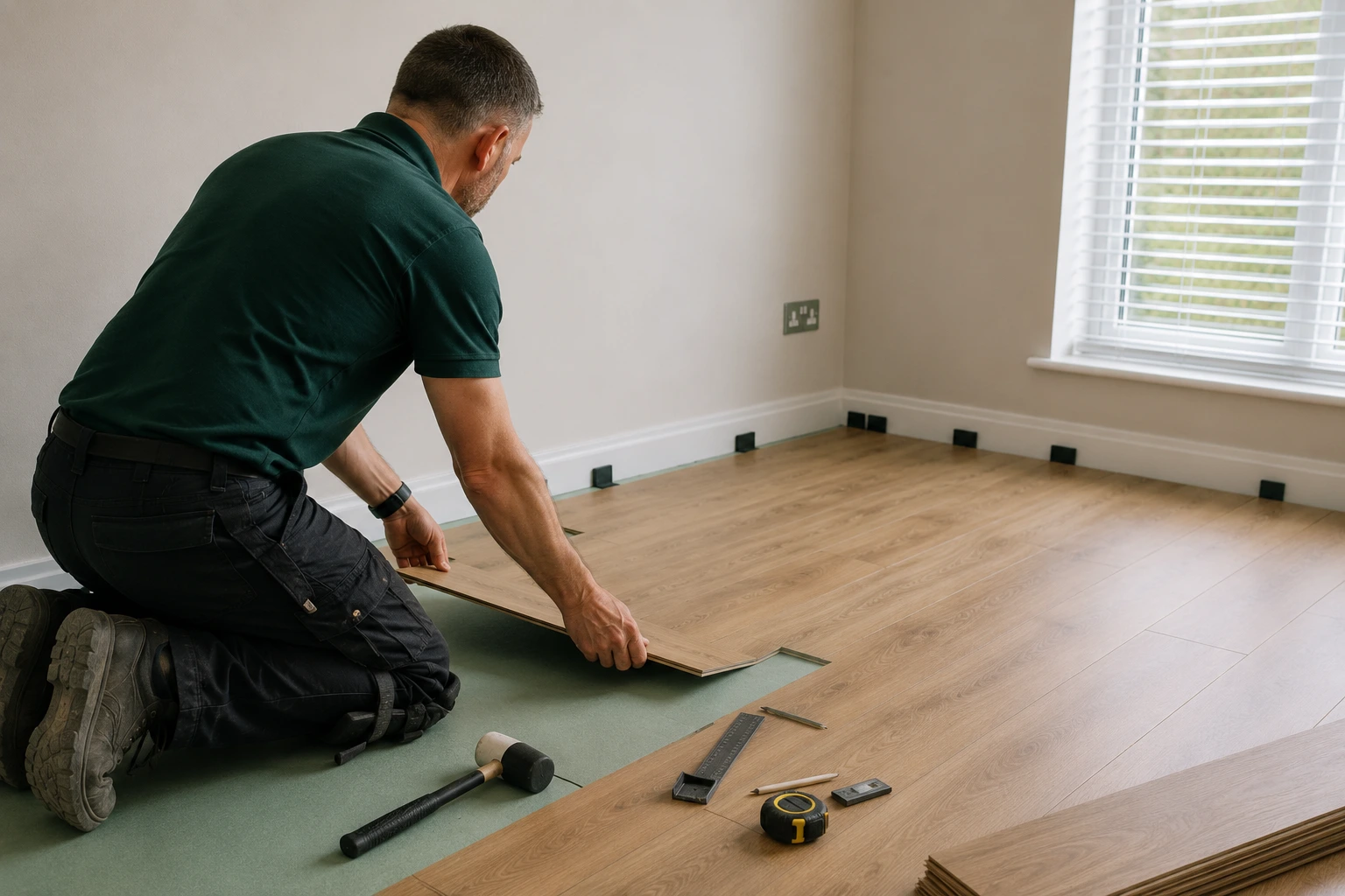 Wooden flooring being laid in a room